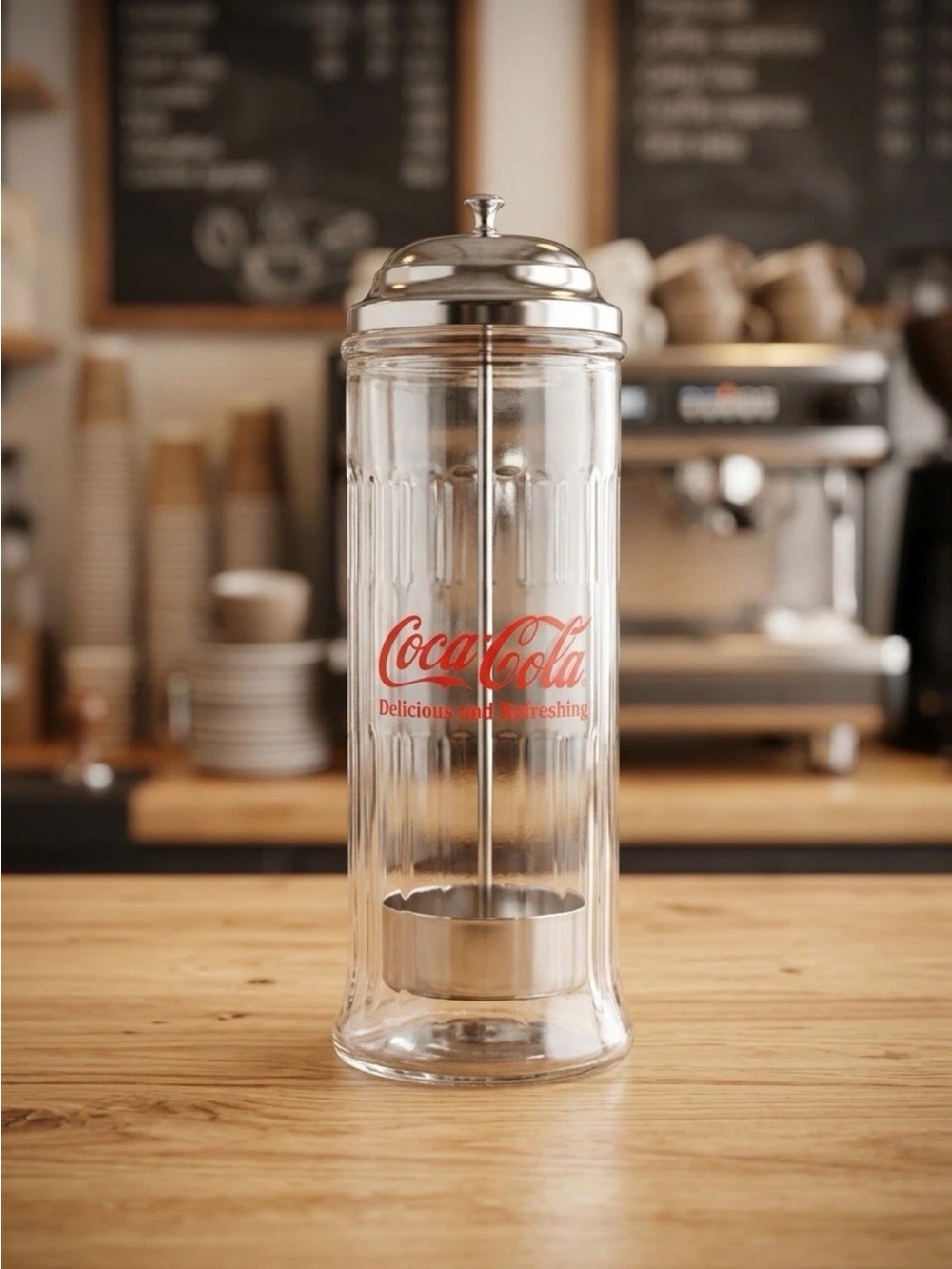 Coca Cola Clear Glass Drink Mixer with Red Logo and Silver Lid
